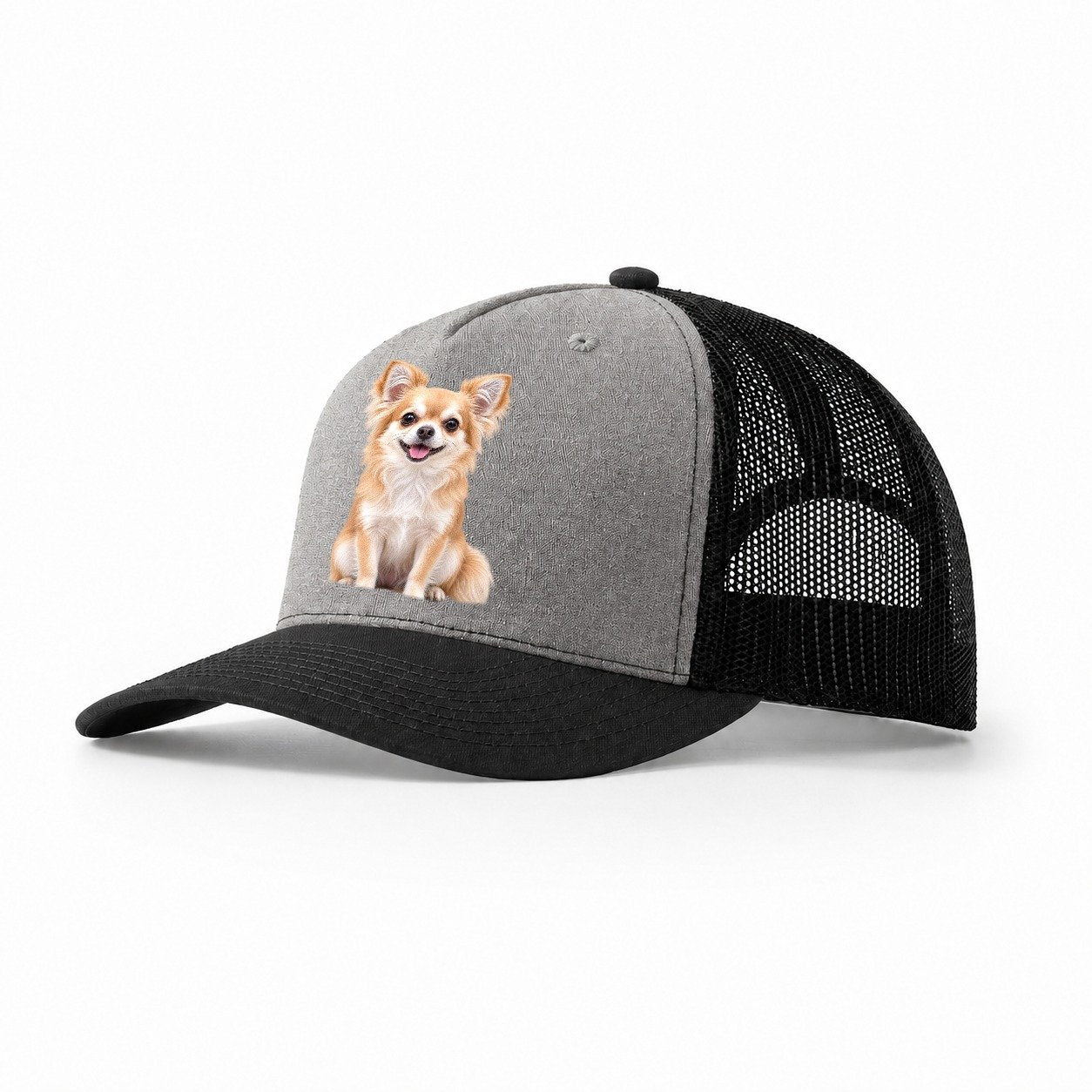 Chihuahua Sitting Top Breeds Trucker Hat – Grey Black