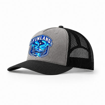 Finland Retro Badge Country Logos Trucker Hat – Grey Black