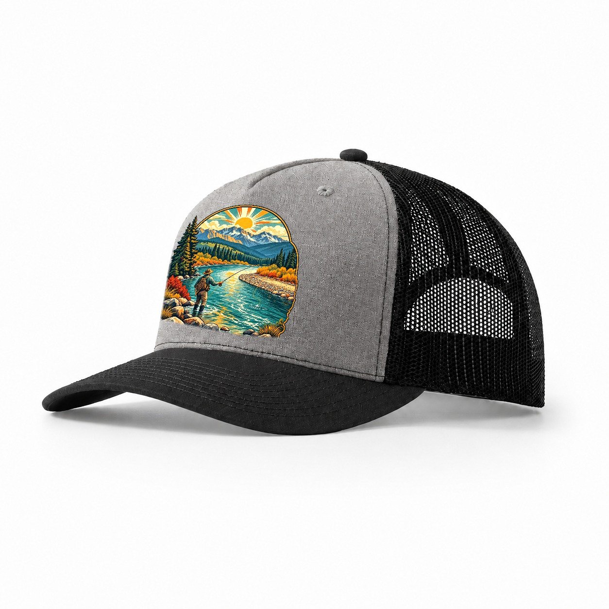 River Bend Fly Water Fishing Club Trucker Hat – Grey Black