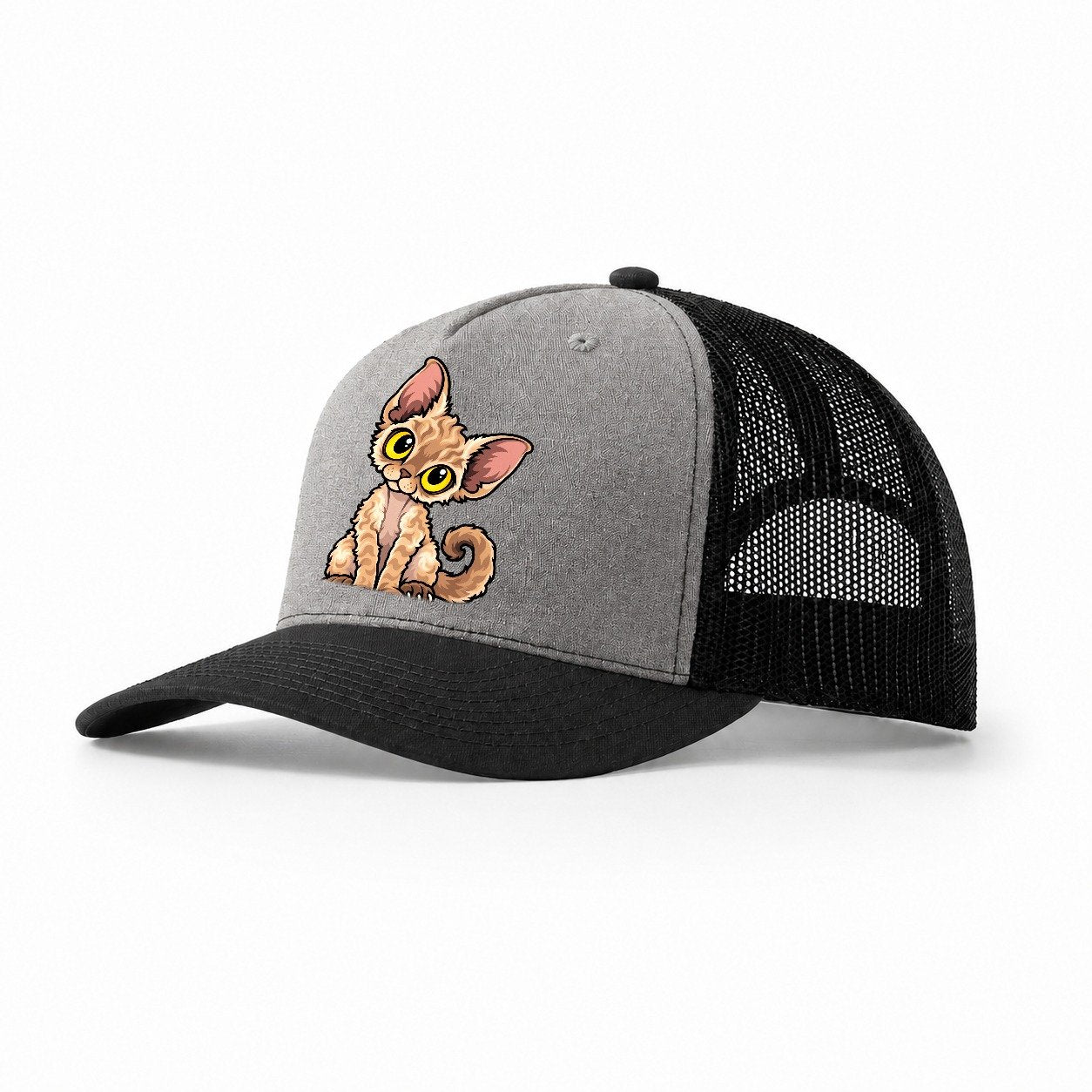 Devon Rex Head Tilt Peeking Cats Trucker Hat – Grey Black