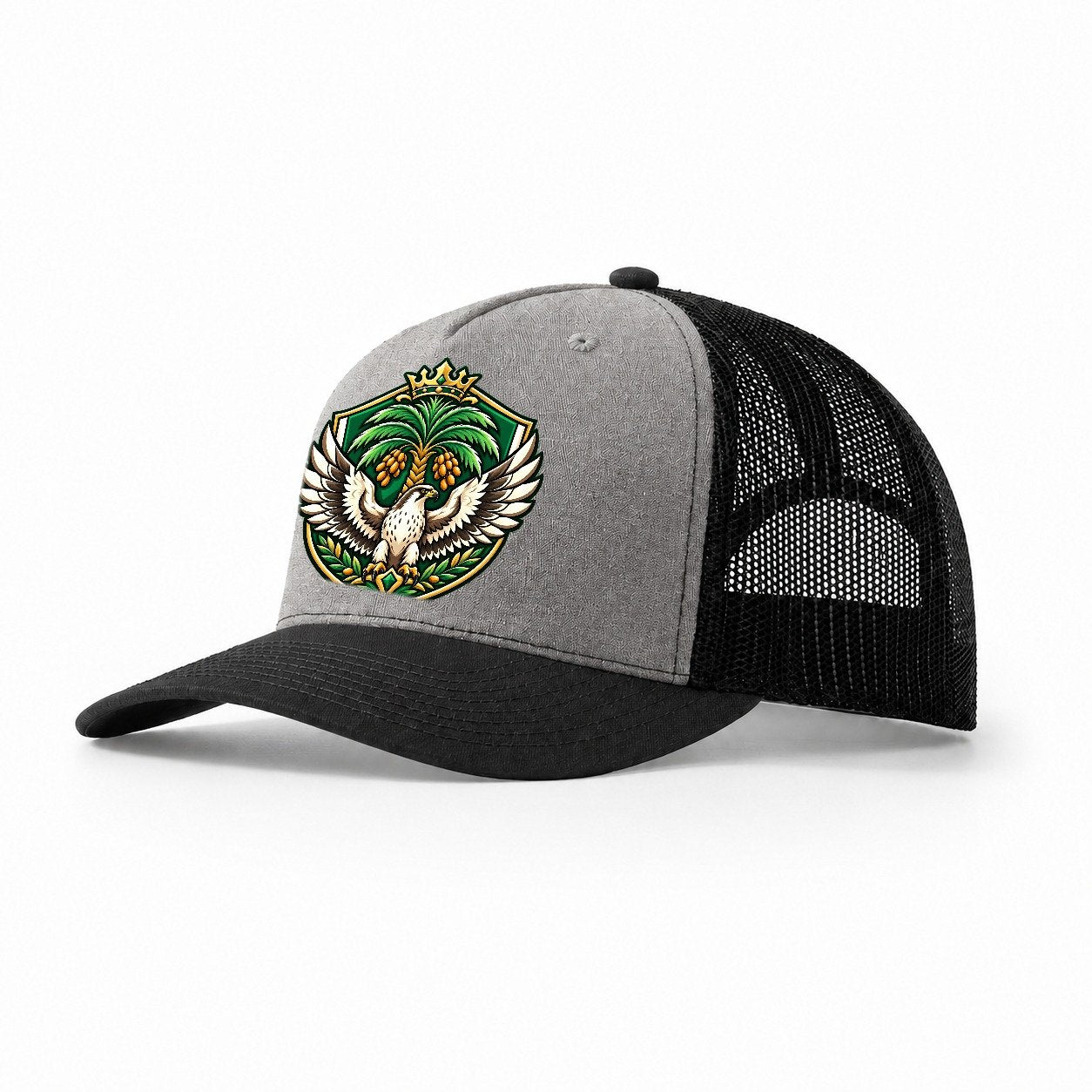Saudi Arabia Heraldic Crest Country Logos Trucker Hat – Grey Black