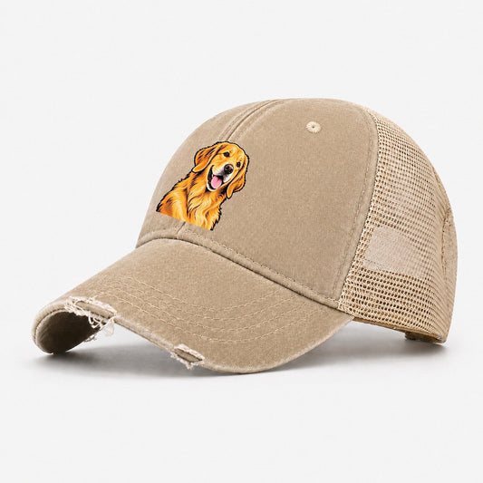 Happy Golden Retriever Portrait Washed Trucker Hat – Khaki