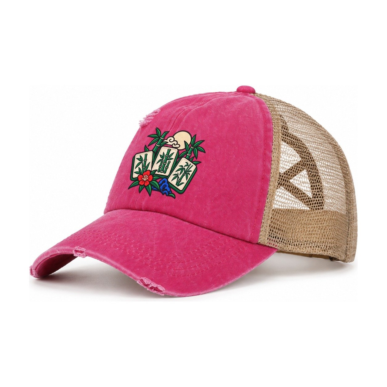 Bamboo Garden Mahjong Game Night Women's Ponytail Trucker Hat – Raspberry Khaki