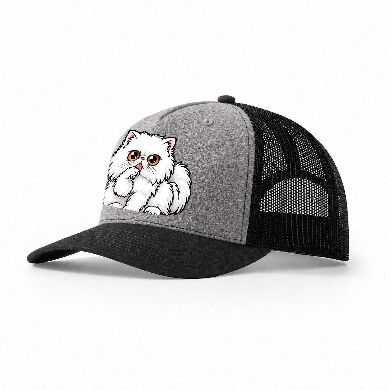 White Persian Grooming Peeking Cats Trucker Hat – Grey Black
