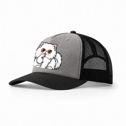 White Persian Grooming Peeking Cats Trucker Hat – Grey Black