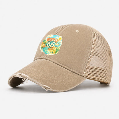 Route 66 Highway Shield Washed Trucker Hat – Khaki