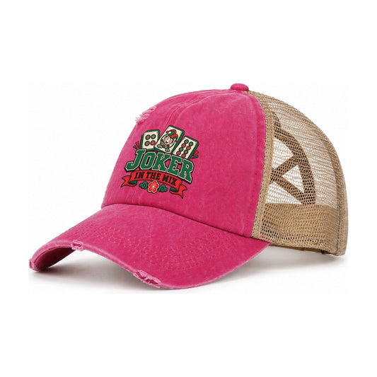Joker In The Mix Mahjong Game Night Women's Ponytail Trucker Hat – Raspberry Khaki