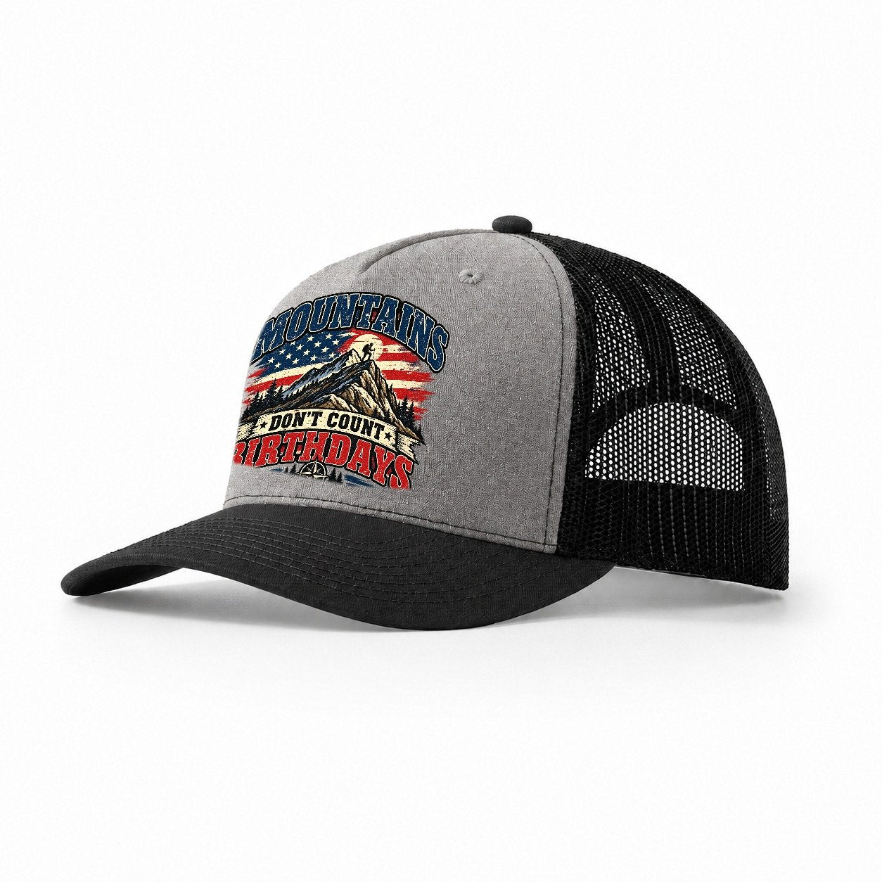 Mountains Don T Count Birthdays Old Man Strong Trucker Hat – Grey Black