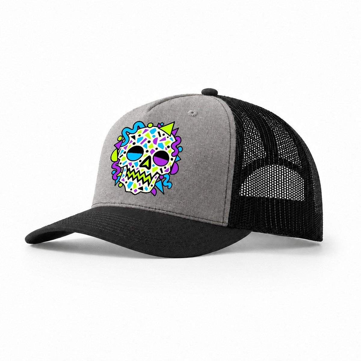 Confetti Skull Crazy Styles Trucker Hat – Grey Black