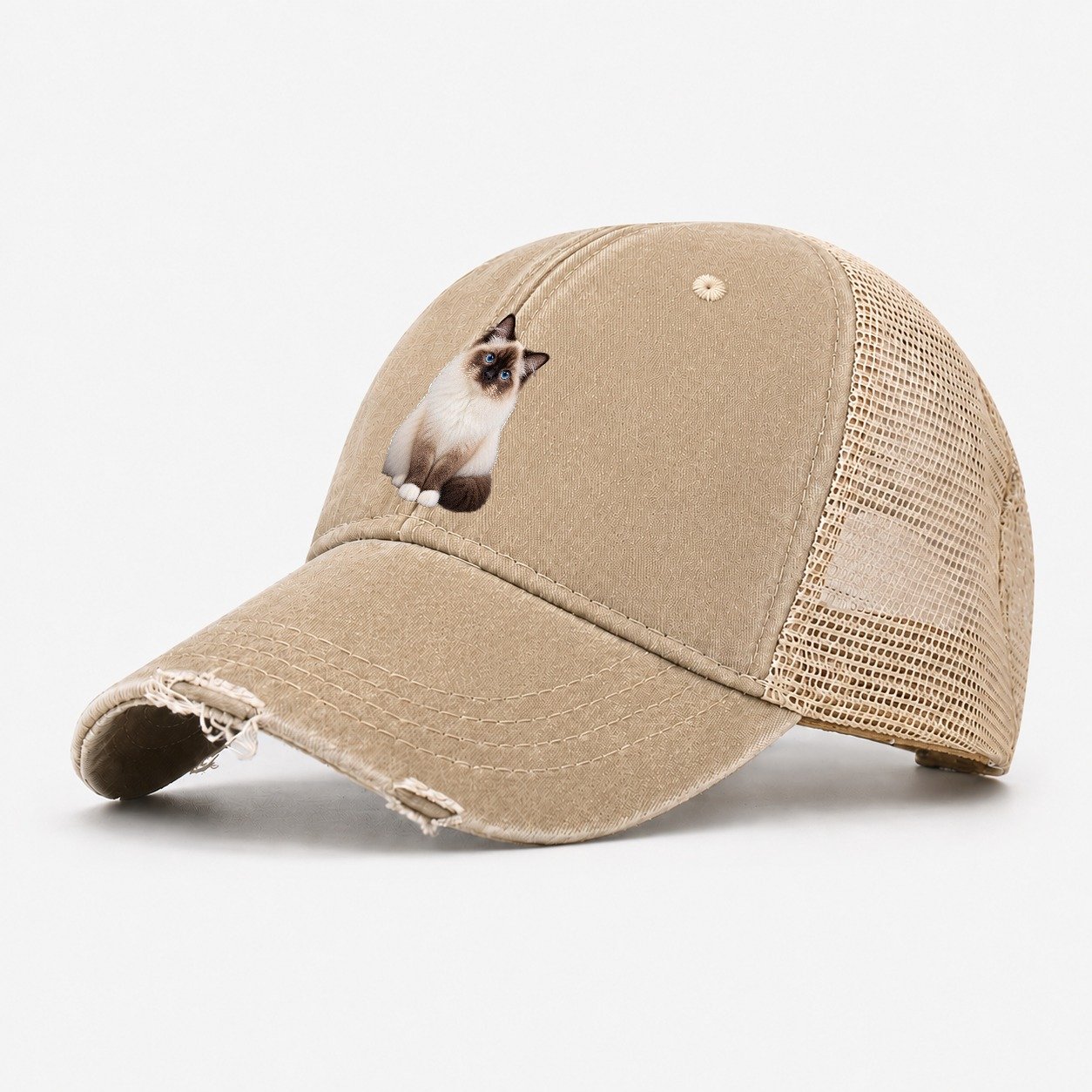 Birman Seated Portrait Realistic Cat Portrait Washed Trucker Hat – Khaki
