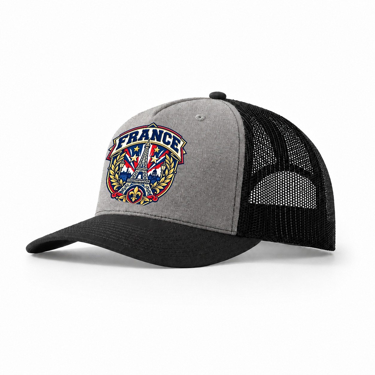 France Retro Badge Country Logos Trucker Hat – Grey Black