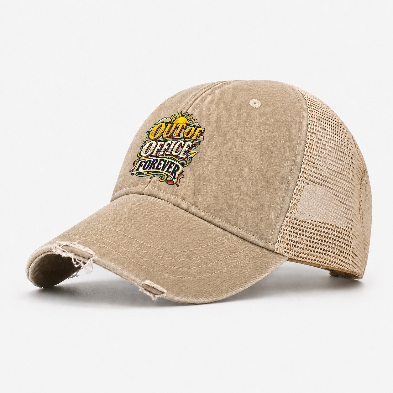 Out Of Office Forever Retired Living Washed Trucker Hat – Khaki