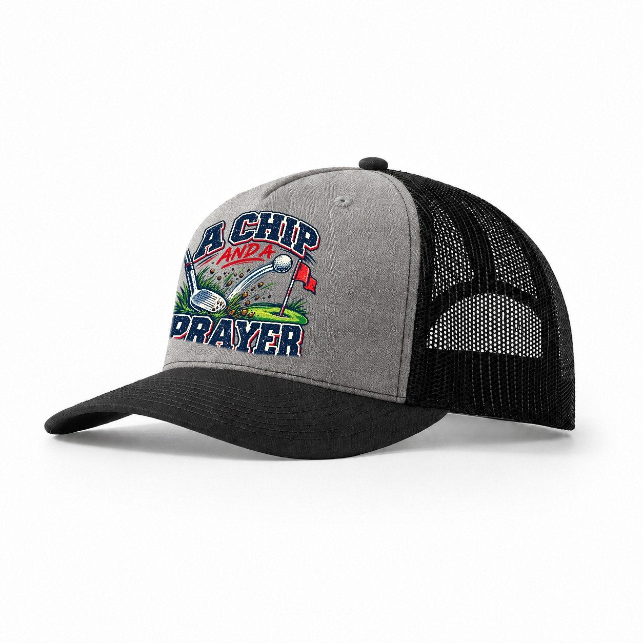 A Chip And A Prayer Golf Life Trucker Hat – Grey Black