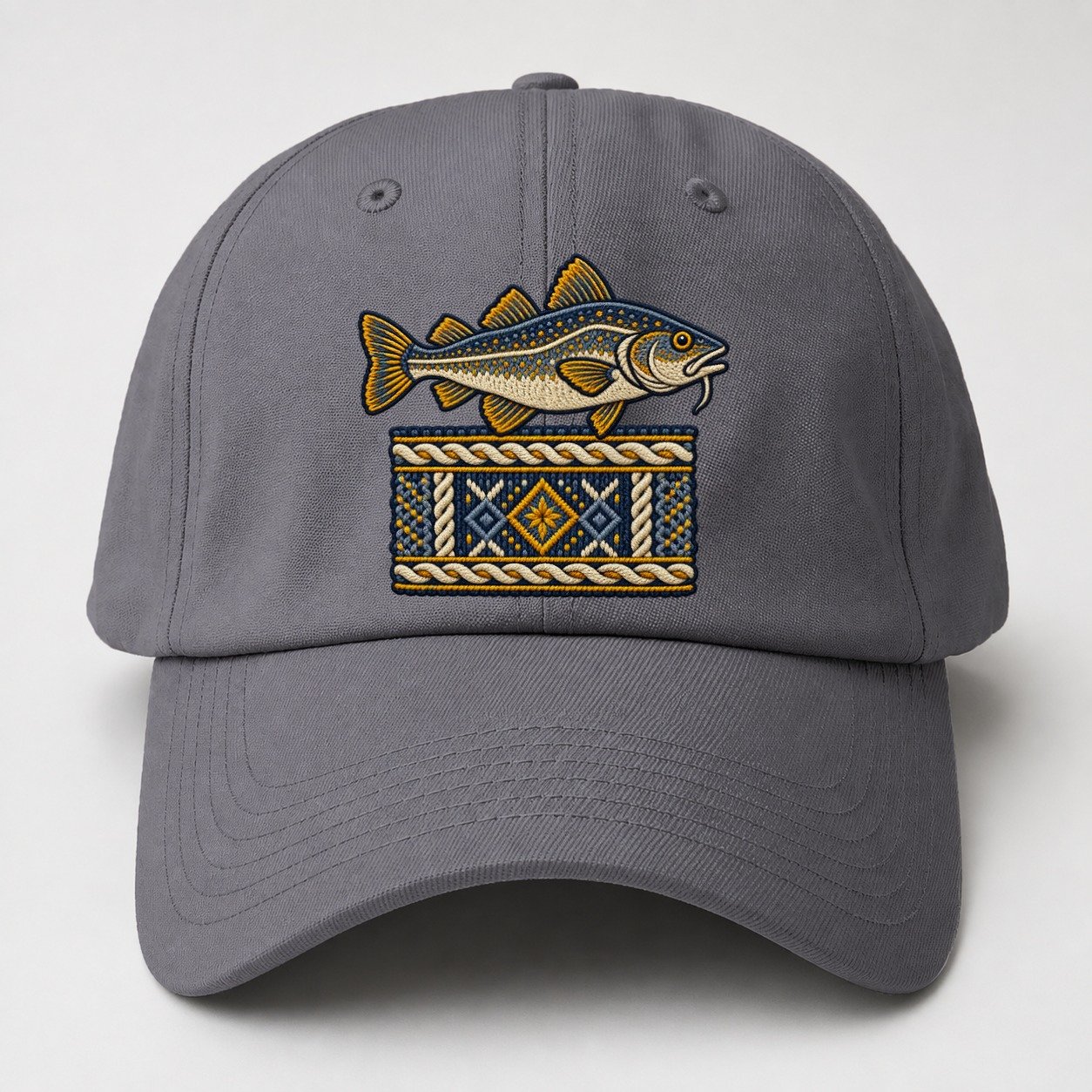 Fisherman S Gansey Knit And Cod Uk Culture Heritage Baseball Cap – Grey