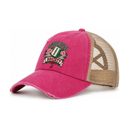 Jade Tile Society Mahjong Game Night Women's Ponytail Trucker Hat – Raspberry Khaki