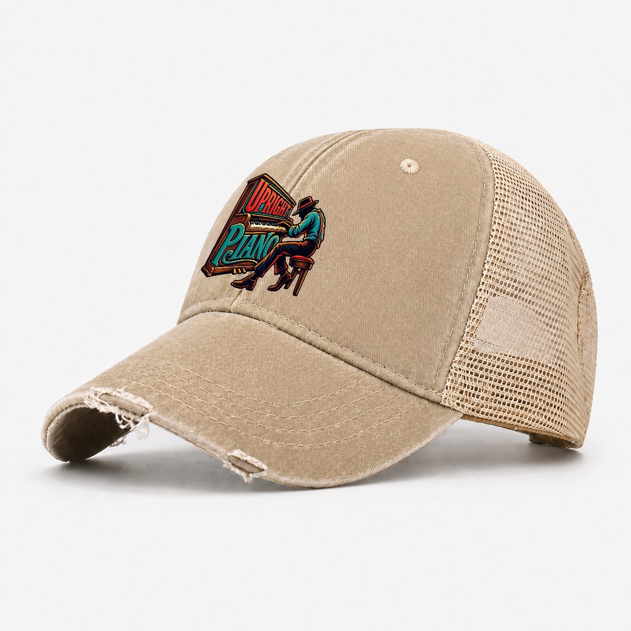 Upright Piano Wordmark Music Instruments Washed Trucker Hat – Khaki