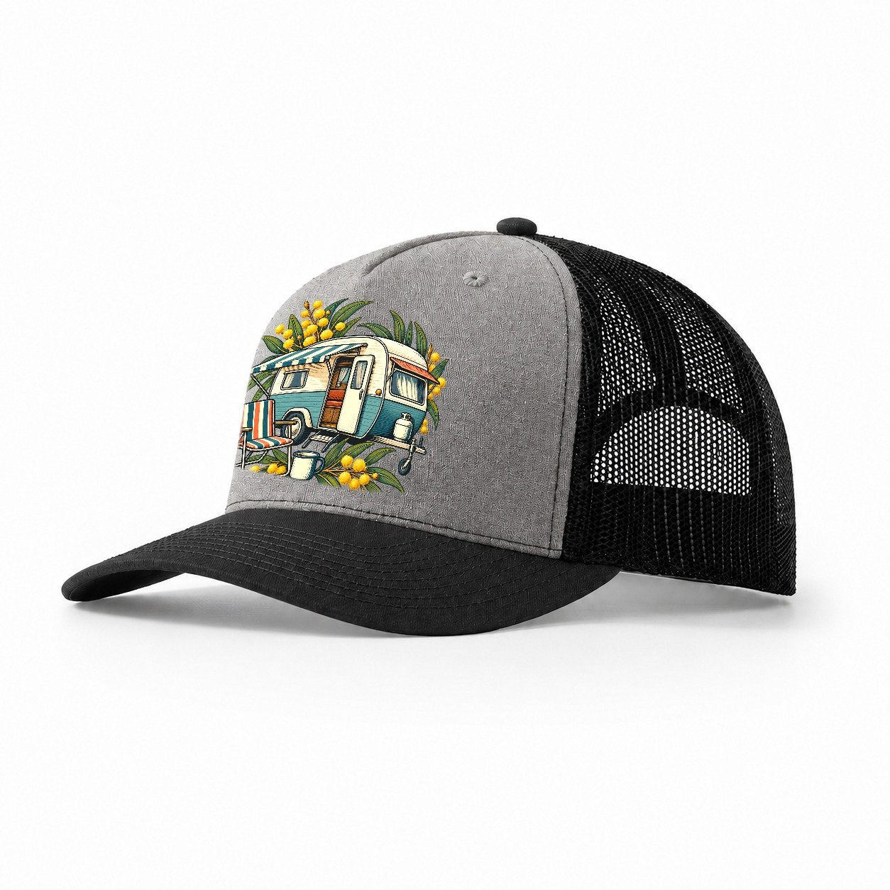 Retro Caravan Folding Chair And Enamel Mug Australia Cultural Icons Trucker Hat – Grey Black