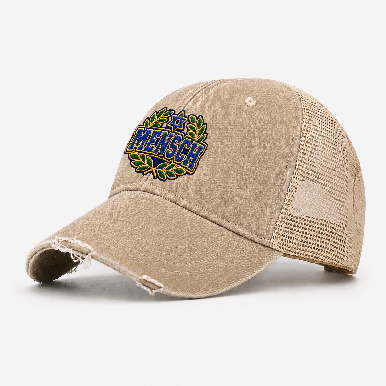 Mensch Badge Judaism Heritage Washed Trucker Hat – Khaki