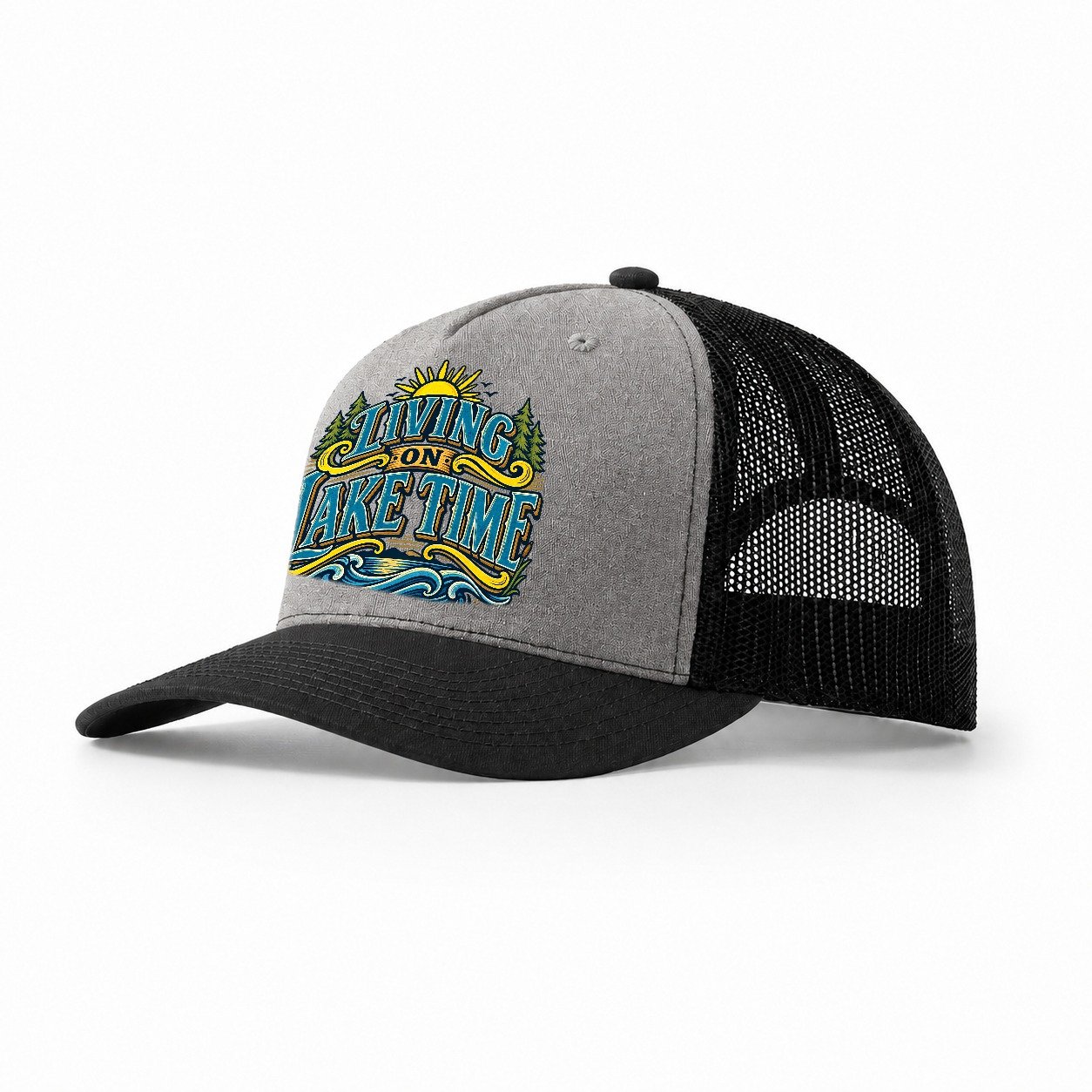 Living On Lake Time Retired Living Trucker Hat – Grey Black