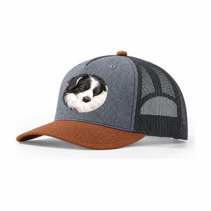 Border Collie Ruff Tuck Pastimes Companions Trucker Hat – Heather Grey Rust Charcoal