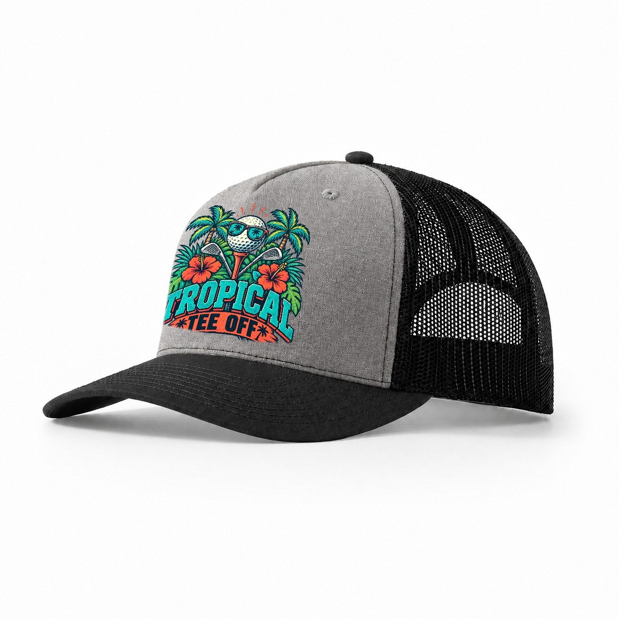 Tropical Tee Off Golf Life Trucker Hat – Grey Black