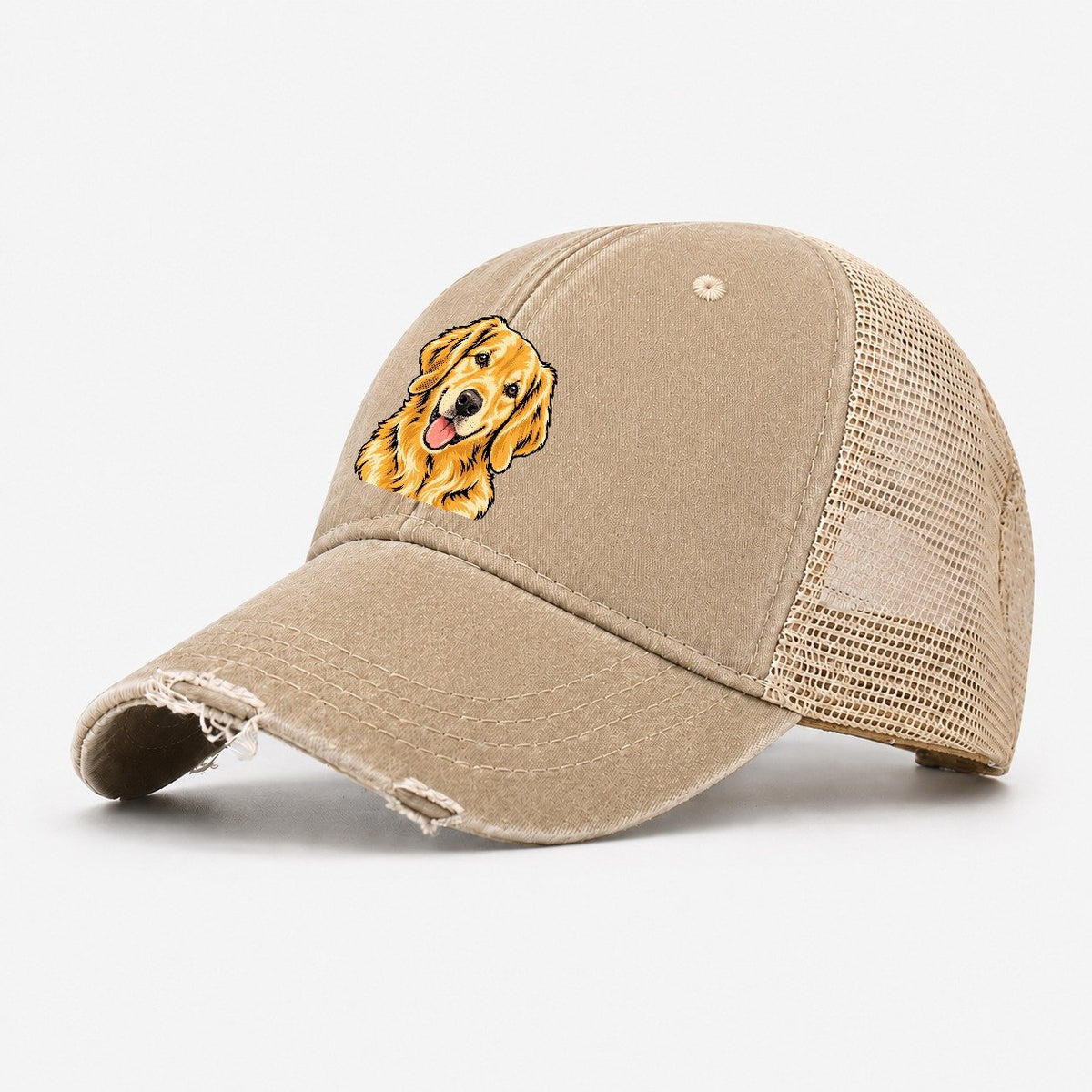 Pop Art Golden Retriever Head Tilt Washed Trucker Hat – Khaki