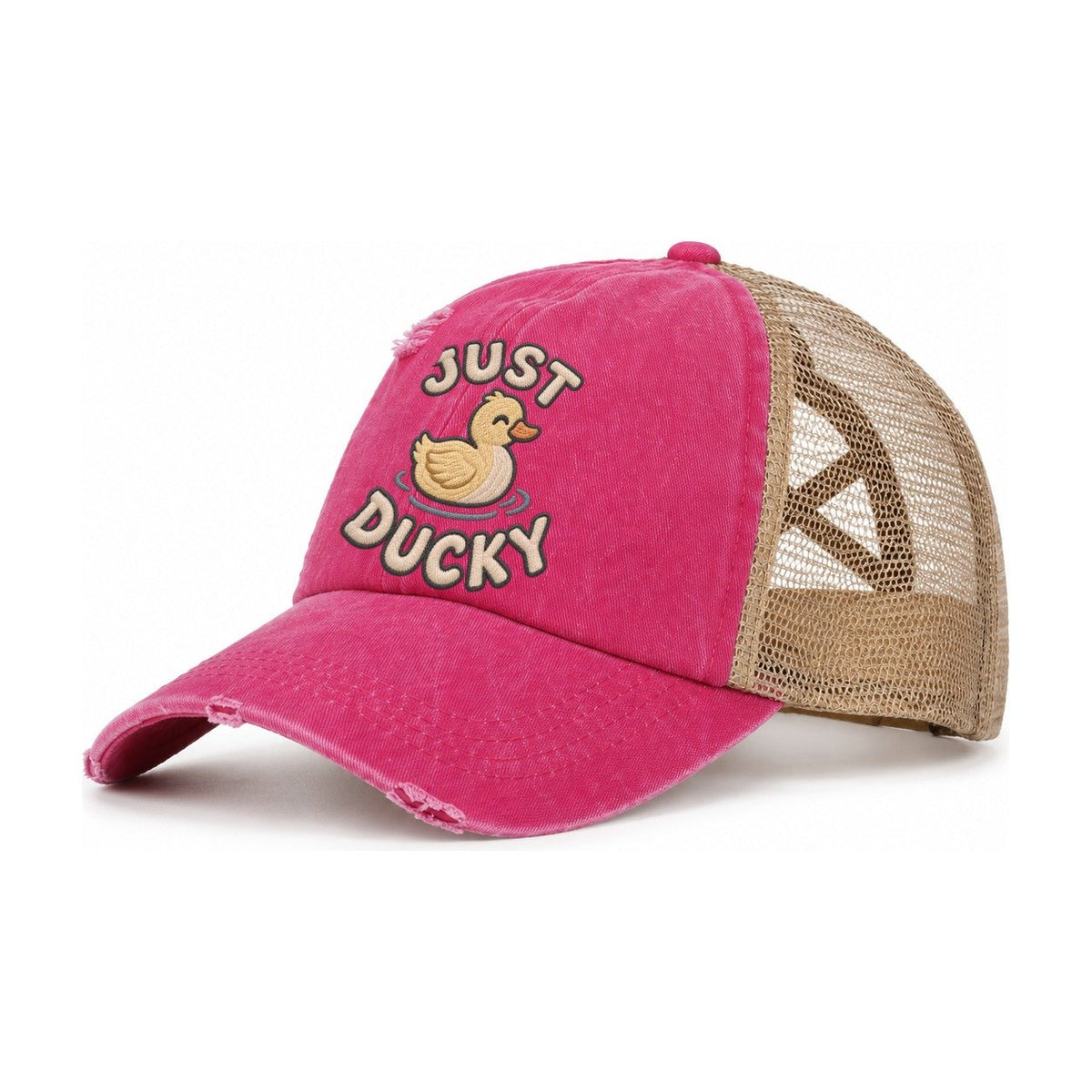 Duck Animal Puns Women's Ponytail Trucker Hat – Raspberry Khaki