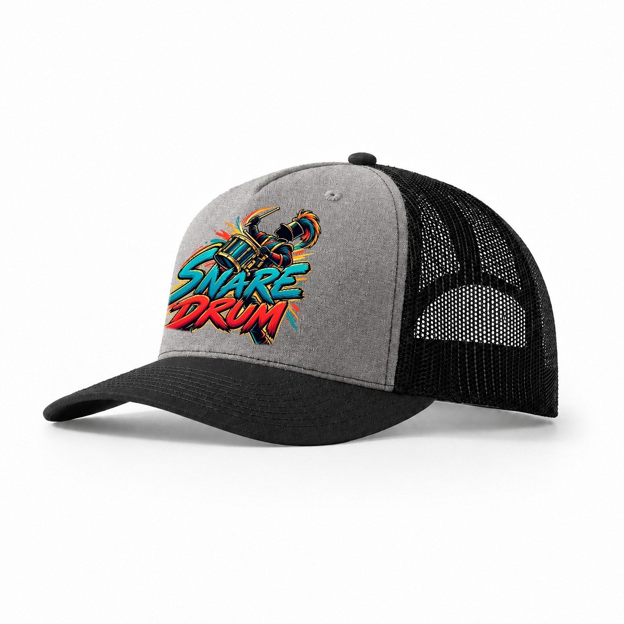 Snare Drum Wordmark Music Instruments Trucker Hat – Grey Black