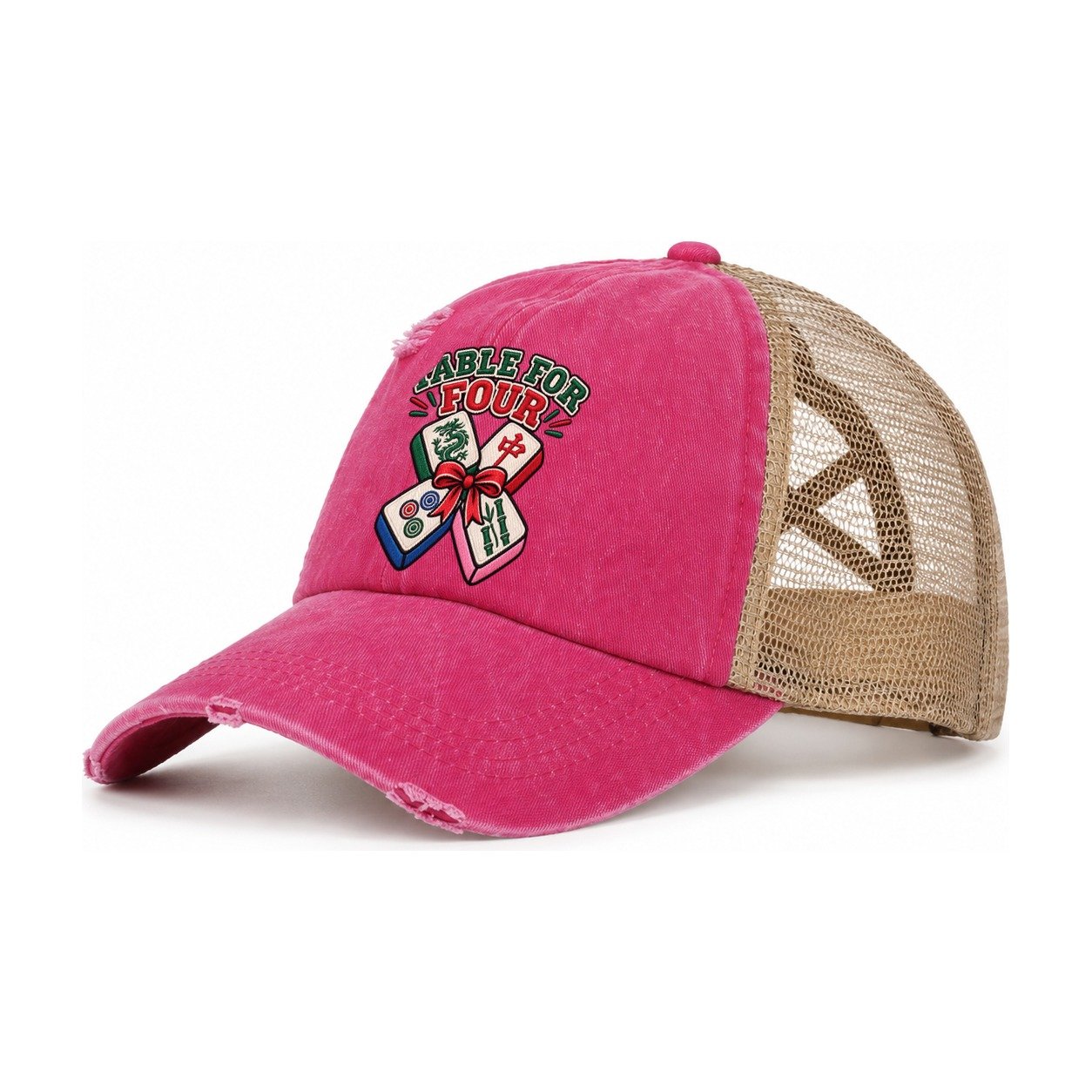 Table For Four Mahjong Game Night Women's Ponytail Trucker Hat – Raspberry Khaki