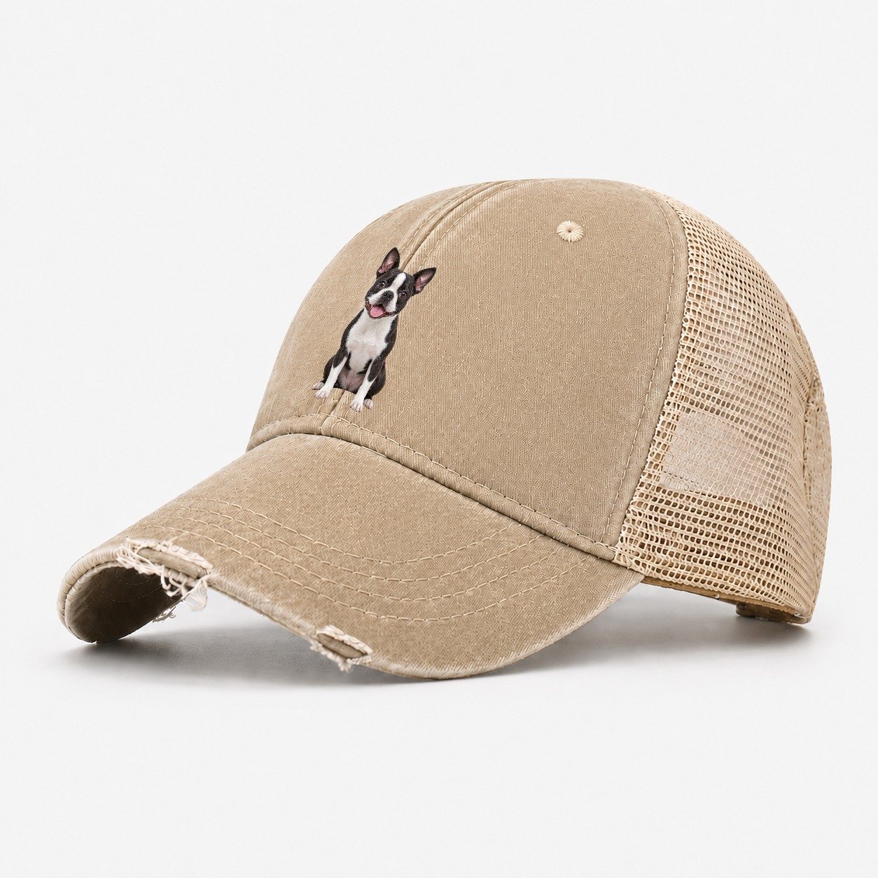 Boston Terrier Sitting Top Breeds Washed Trucker Hat – Khaki