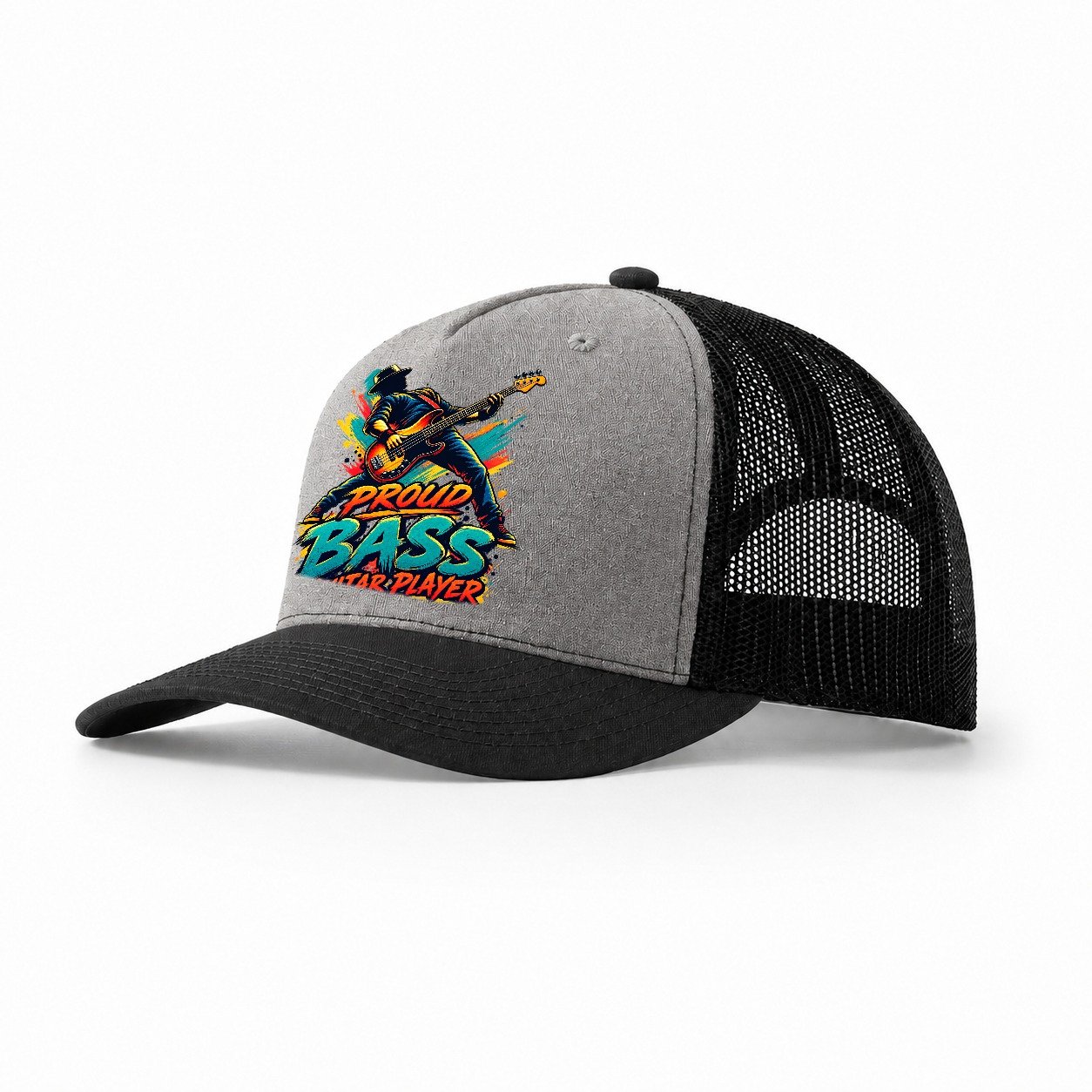 Proud Bass Guitar Player Music Instruments Trucker Hat – Grey Black