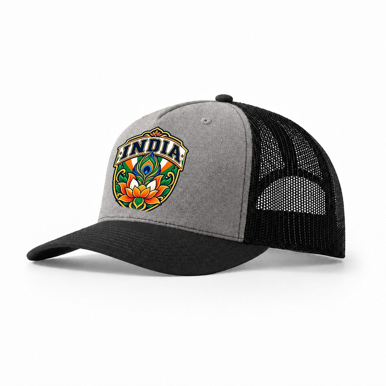 India Retro Badge Country Logos Trucker Hat – Grey Black
