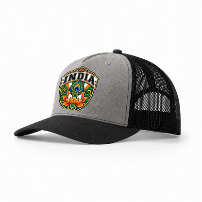 India Retro Badge Country Logos Trucker Hat – Grey Black