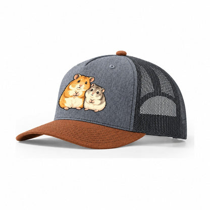 Hamster Sisters Small Pet Logos Trucker Hat – Heather Grey Rust Charcoal