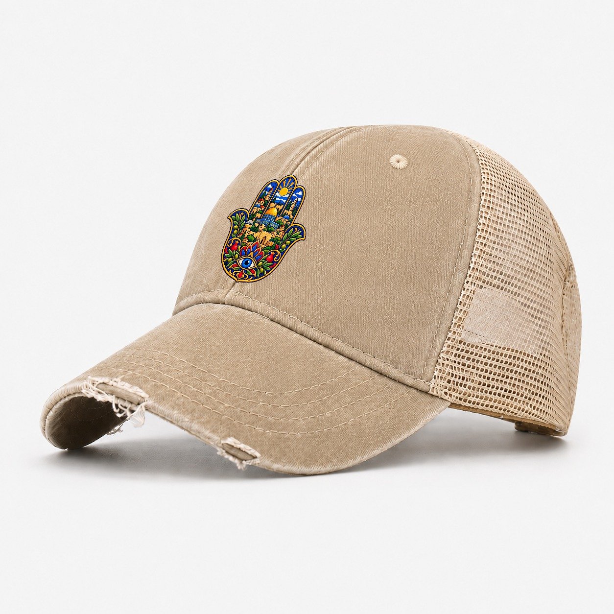 Hamsa With Skyline Jerusalem Washed Trucker Hat – Khaki