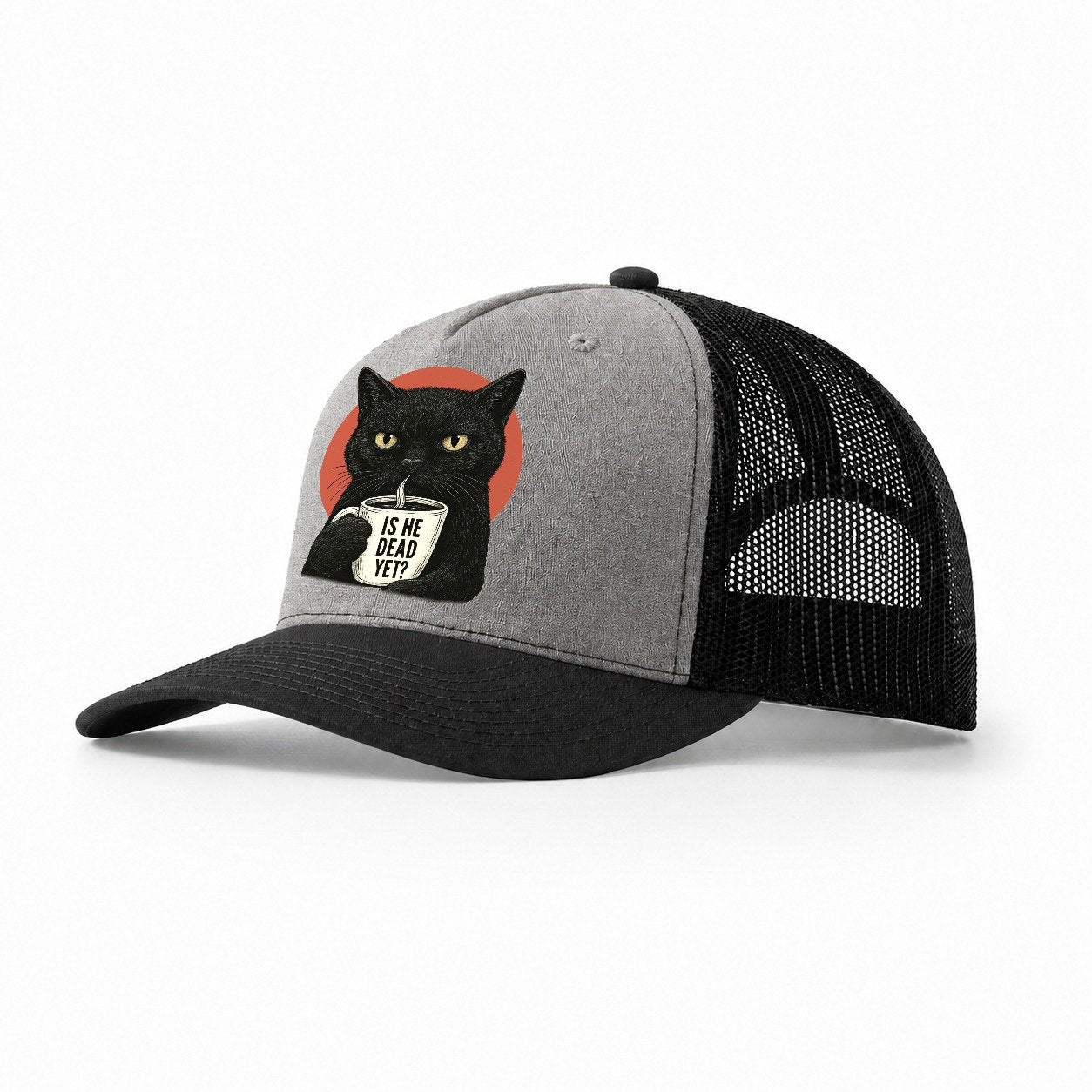 Is He Dead Yet Cat Design Trucker Hat – Grey Black