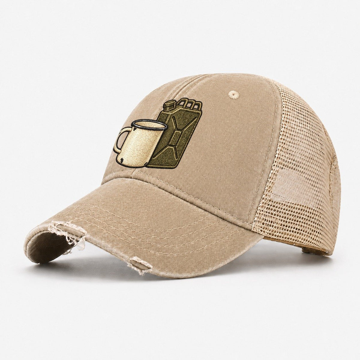 Enamel Camp Mug And Fuel Can Off Roading And Overlanding Washed Trucker Hat – Khaki