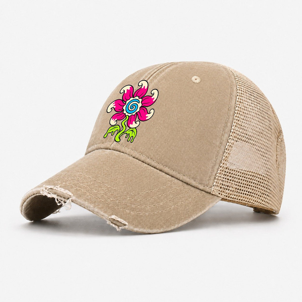 Swirl Tongue Flower Crazy Styles Washed Trucker Hat – Khaki