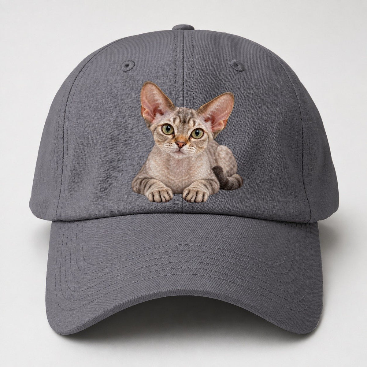 Devon Rex Reclining Paws Forward Realistic Cat Portrait Baseball Cap – Grey