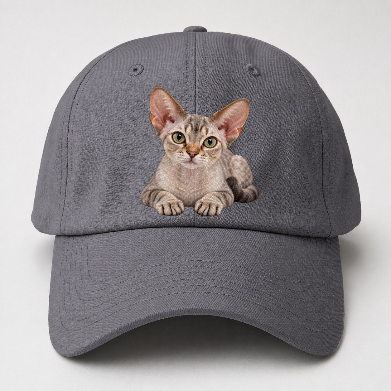 Devon Rex Reclining Paws Forward Realistic Cat Portrait Baseball Cap – Grey