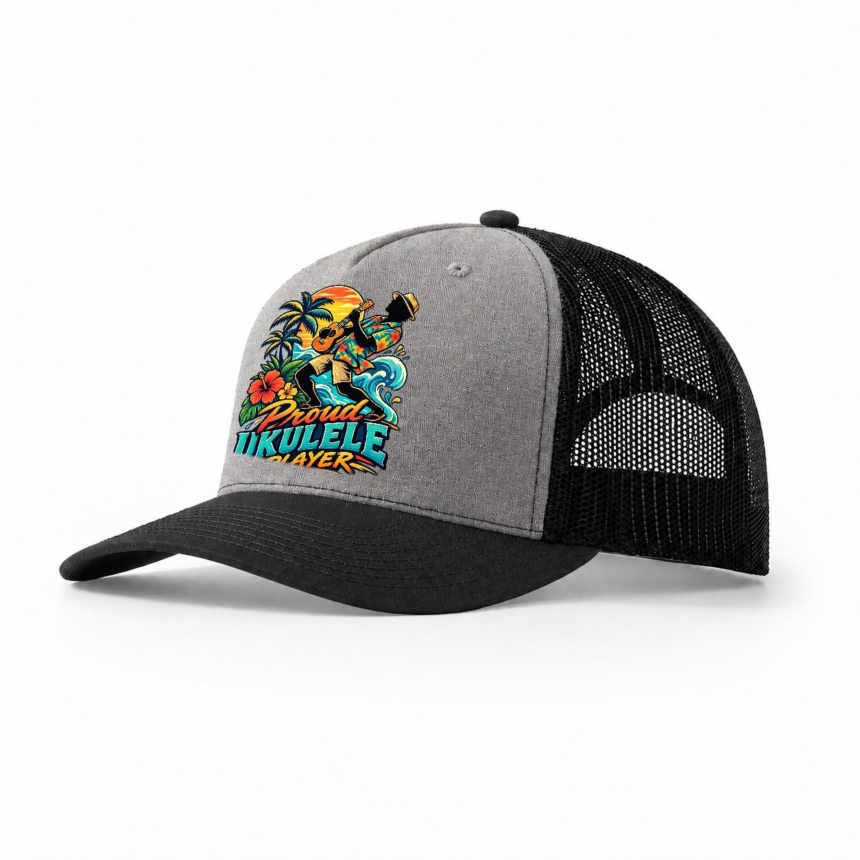 Proud Ukulele Player Music Instruments Trucker Hat – Grey Black