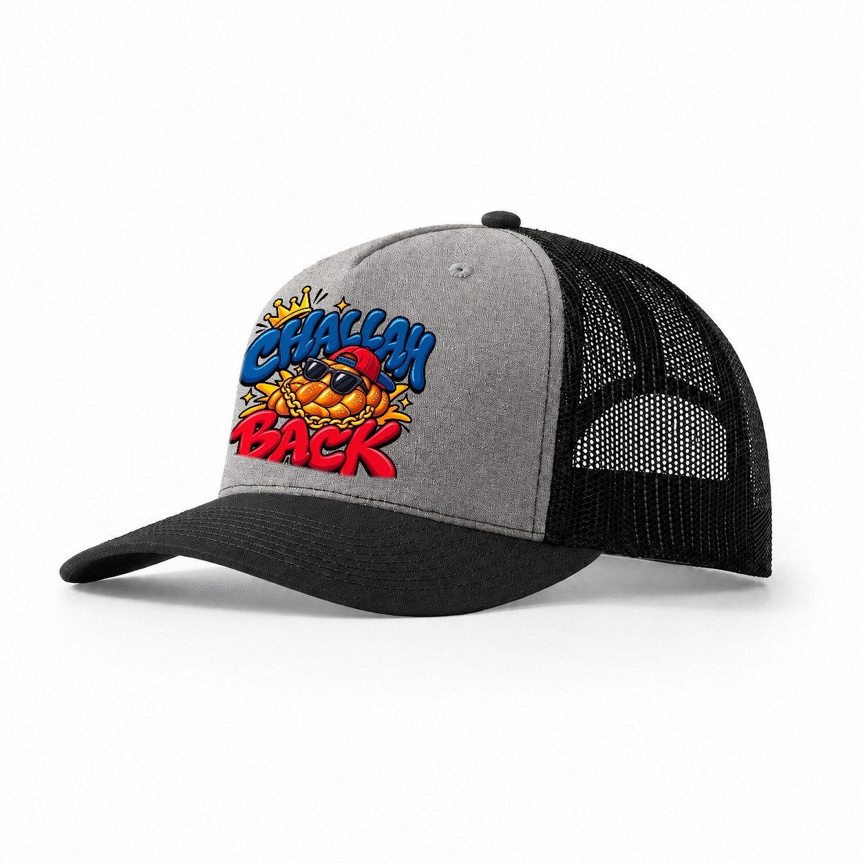 Challah Back Retro Judaism Heritage Trucker Hat – Grey Black