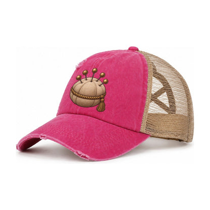 Pincushion And Pins Needlework Women's Ponytail Trucker Hat – Raspberry Khaki