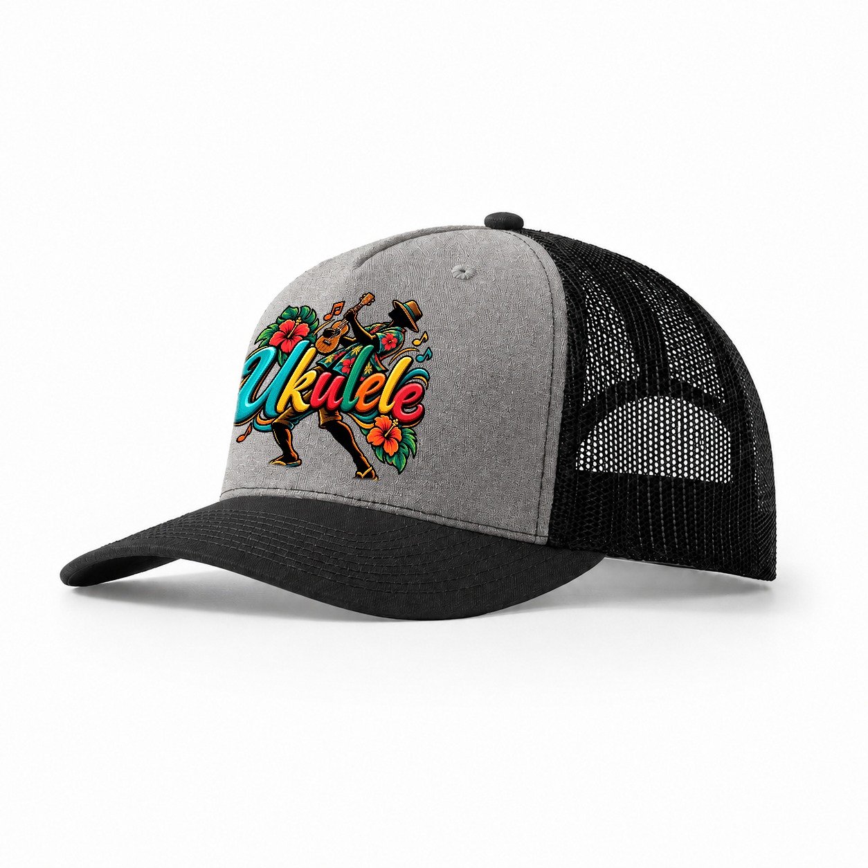 Ukulele Wordmark Music Instruments Trucker Hat – Grey Black