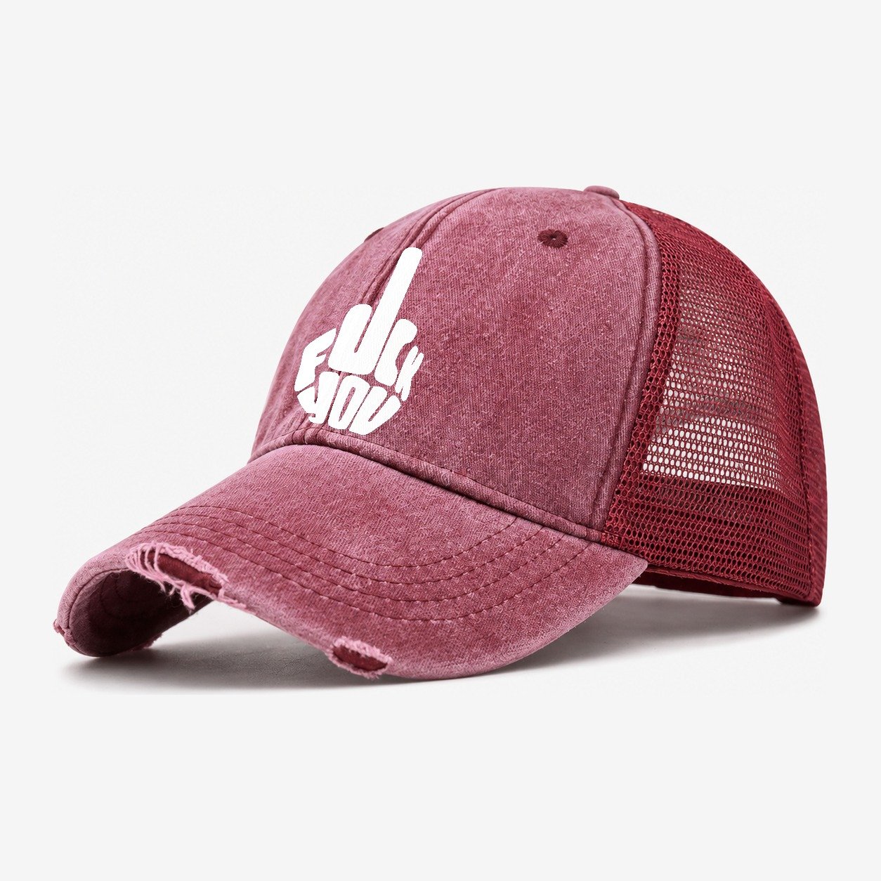 Fuck You! Cap Design Washed Trucker Hat – Wine Red