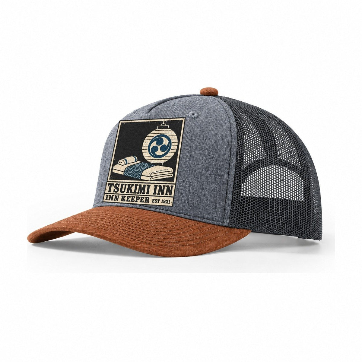 Tsukimi Inn Noren Trade Co Trucker Hat – Heather Grey Rust Charcoal