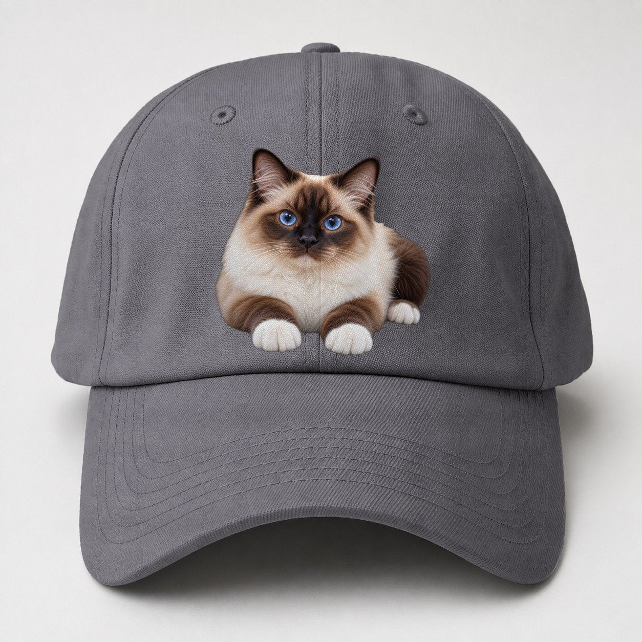 Birman Reclining Paws Forward Realistic Cat Portrait Baseball Cap – Grey