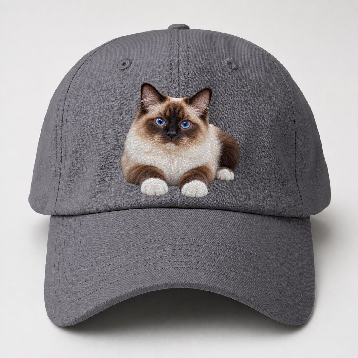 Birman Reclining Paws Forward Realistic Cat Portrait Baseball Cap – Grey