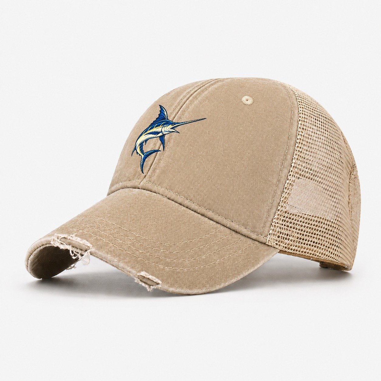 Swordfish Blade Fishing Elegant Washed Trucker Hat – Khaki