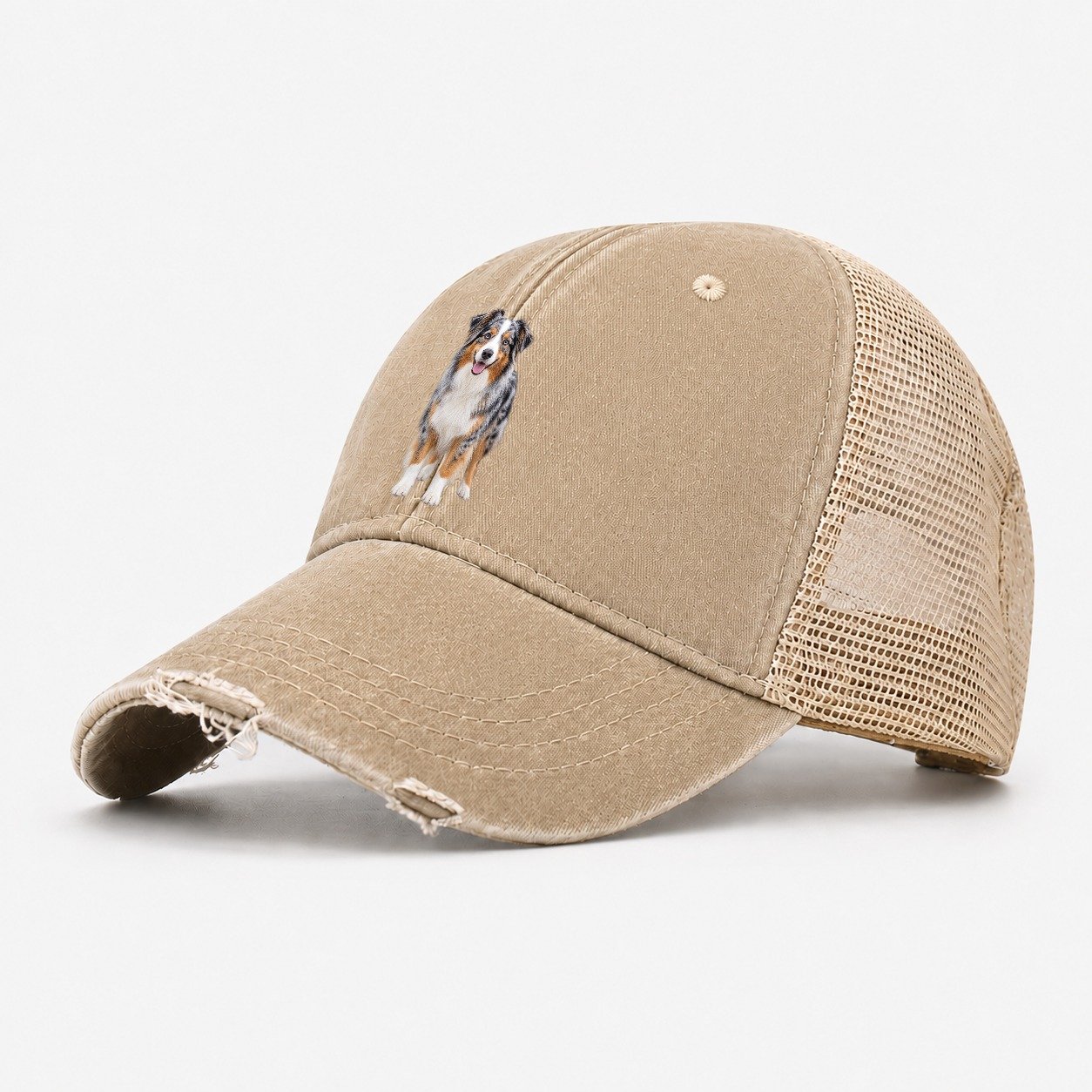 Australian Shepherd Standing Top Breeds Washed Trucker Hat – Khaki